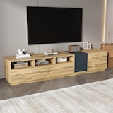 thumbnail of TV-Schrank 200x45x45cm mit 3 offenen Fächern, Klapptür & Seitentüren, modern, robust, Stauraum für Wohnzimmer, Medienmöbel, Holzoptik Schwarzgrau