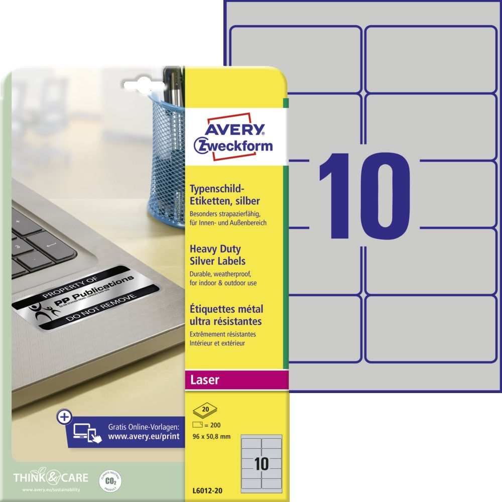 Avery Zweckform L6012-20 Typenschild-Etiketten, 96 x 50,8 mm, 20 Bogen/200 Etiketten, silber