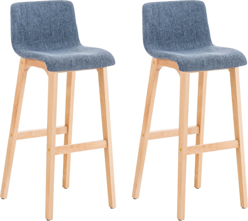 Décoshop26 - Set aus 2 Designer-Barhockern mit 4 Holzbeinen und blauem Stoffsitz 10_0004209