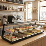 thumbnail of MBH - Vetrina espositiva neutra professionale Snack 120 cm 1 ripiani vetri curvi. Espositore neutro da banco porta brioches per bar e pasticceria.