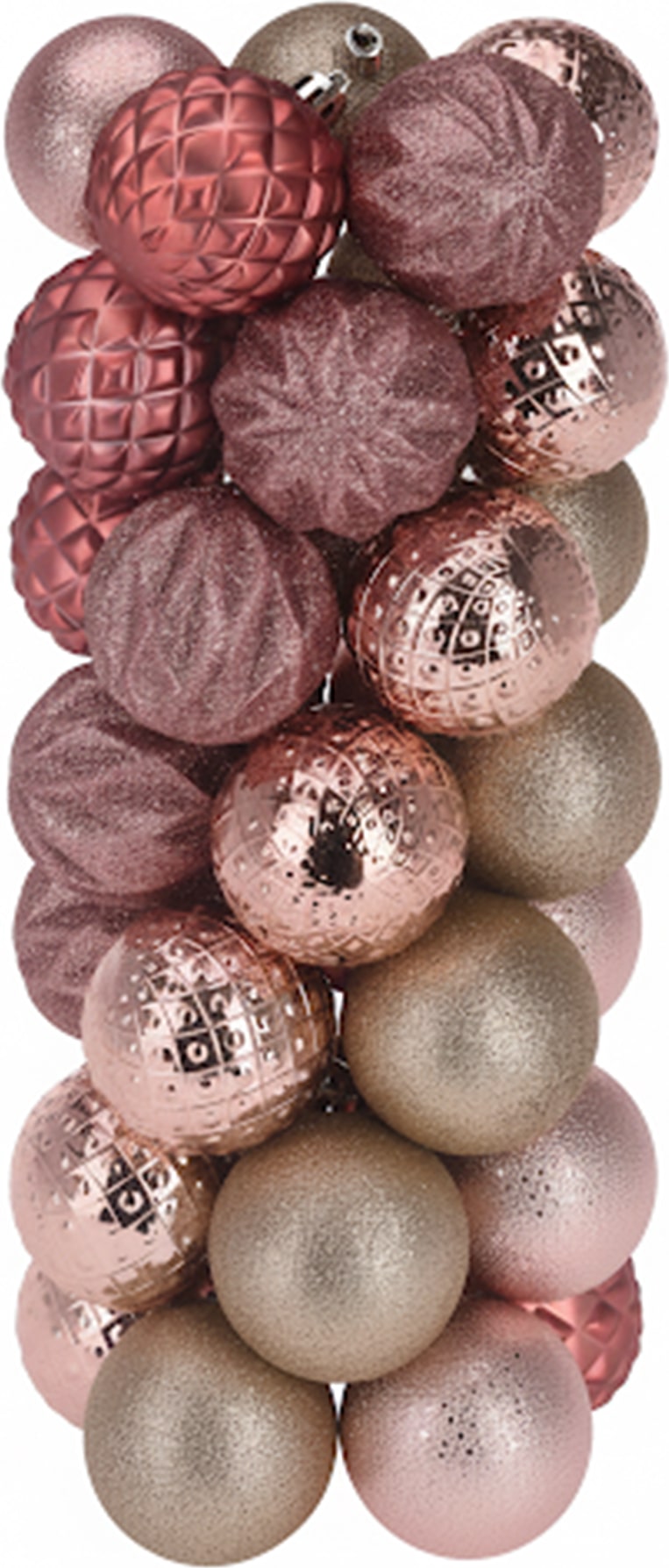 Eine Gruppe von rosafarbenen und goldenen Weihnachtskugeln.