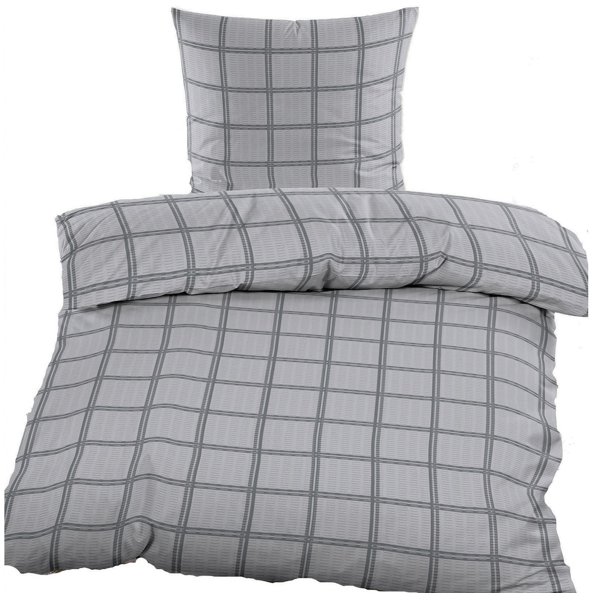Seersucker Bettwäsche 135x200 +80x80cm, hellgrau, grau kariert, bügelfrei, Microfaser