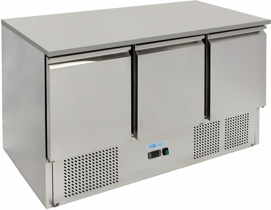Gekühlte 3-türige Saladette. Elektronischer Thermostat. Automatische Abtauung. Abmessungen 136,5x70x85(h) cm. ForCold von FIMAR G-S903TOP-FC
