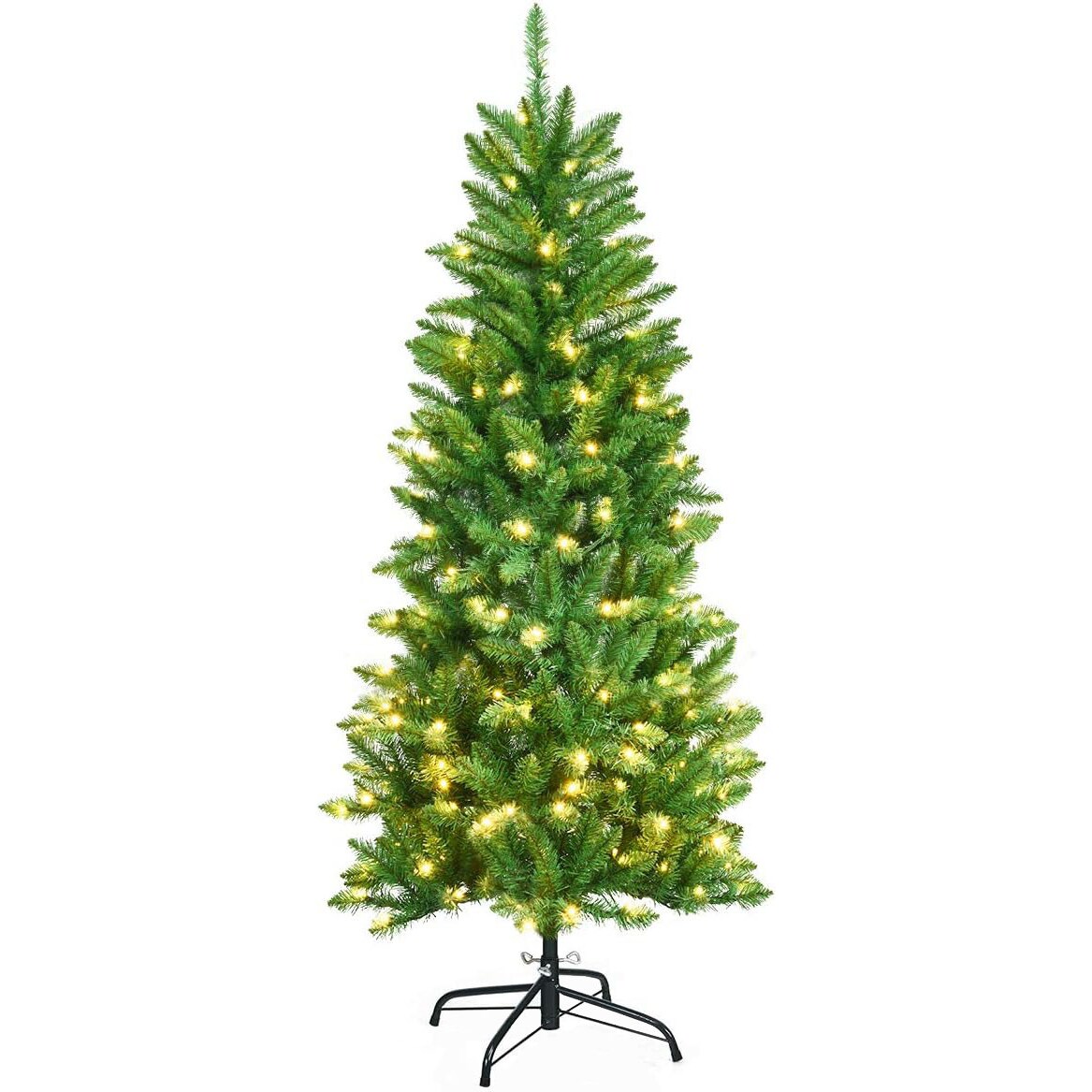 COSTWAY 150 cm hoher Bleistift-Weihnachtsbaum mit warmweißen LED-Lichtern und Klappsystem