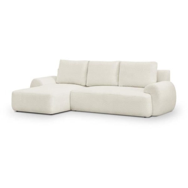 Canapé d'angle gauche convertible 3 places MILO - Tissu bouclettes beige clair - Coffre de rangement - L 264 x H 84 x P 99/145 AUCUNE