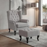 thumbnail of Poltrona Chesterfield, poltrona clube reclinável, tecido/têxtil repelente de água ~ cinzento com otomano