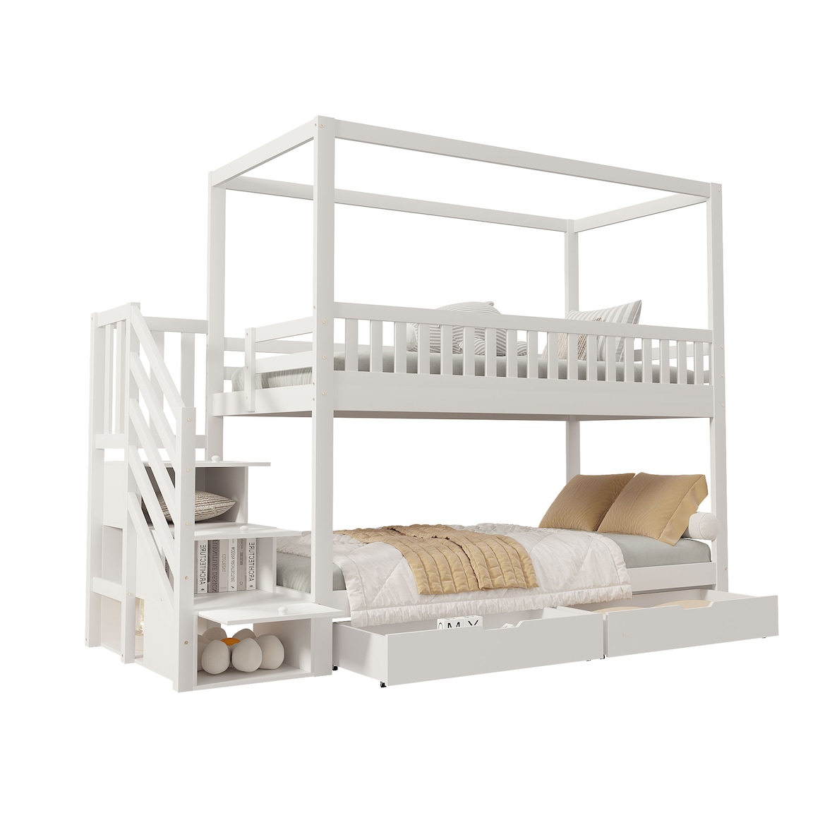 Etagenbett 90x200 aus Massivholz Hausform mit Sicherheitsleiter Stauraum Schubladen Sicherheitsgeländer Funktionsbett platzsparend Weiß
