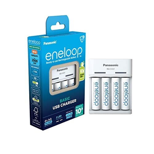 Chargeur panasonic eneloop basic usb, pour 2 ou 4 piles ni-mh aa/aaa,