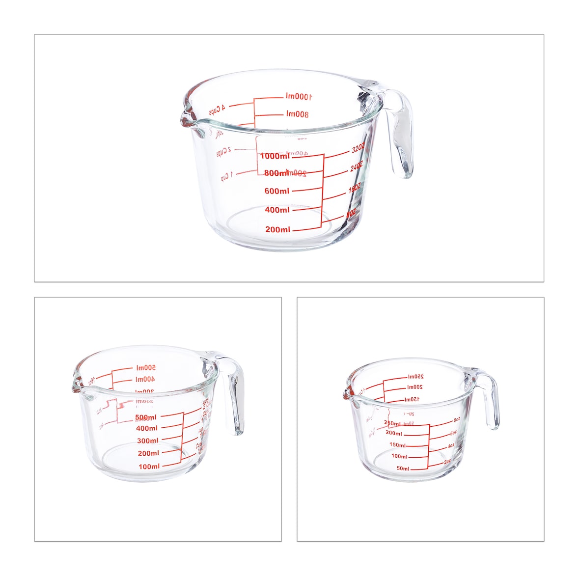 Relaxdays Messbecher Set, 3-teilig, Glasmessbecher 250 ml, 500 ml, 1l, hitzebeständig, mikrowellengeeignet, transparent