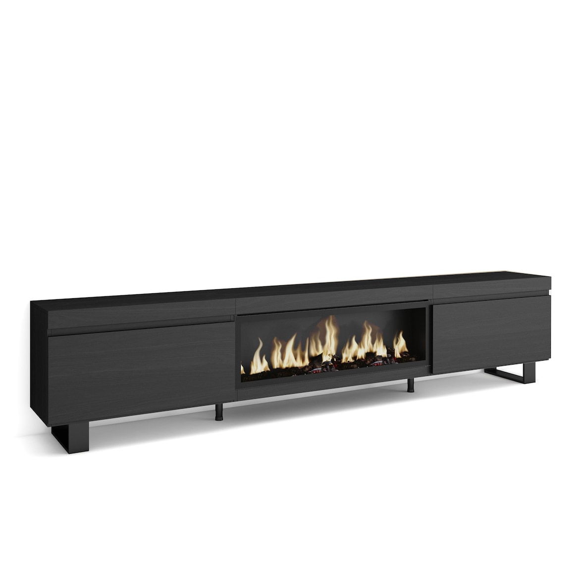 TV-Meubel, Lowboard, Woonkamer, Eetkamer, 267x35x57cm, Elektrische haard XXL, Industrieel design, Moderne stijl, Zwart _ 492_22