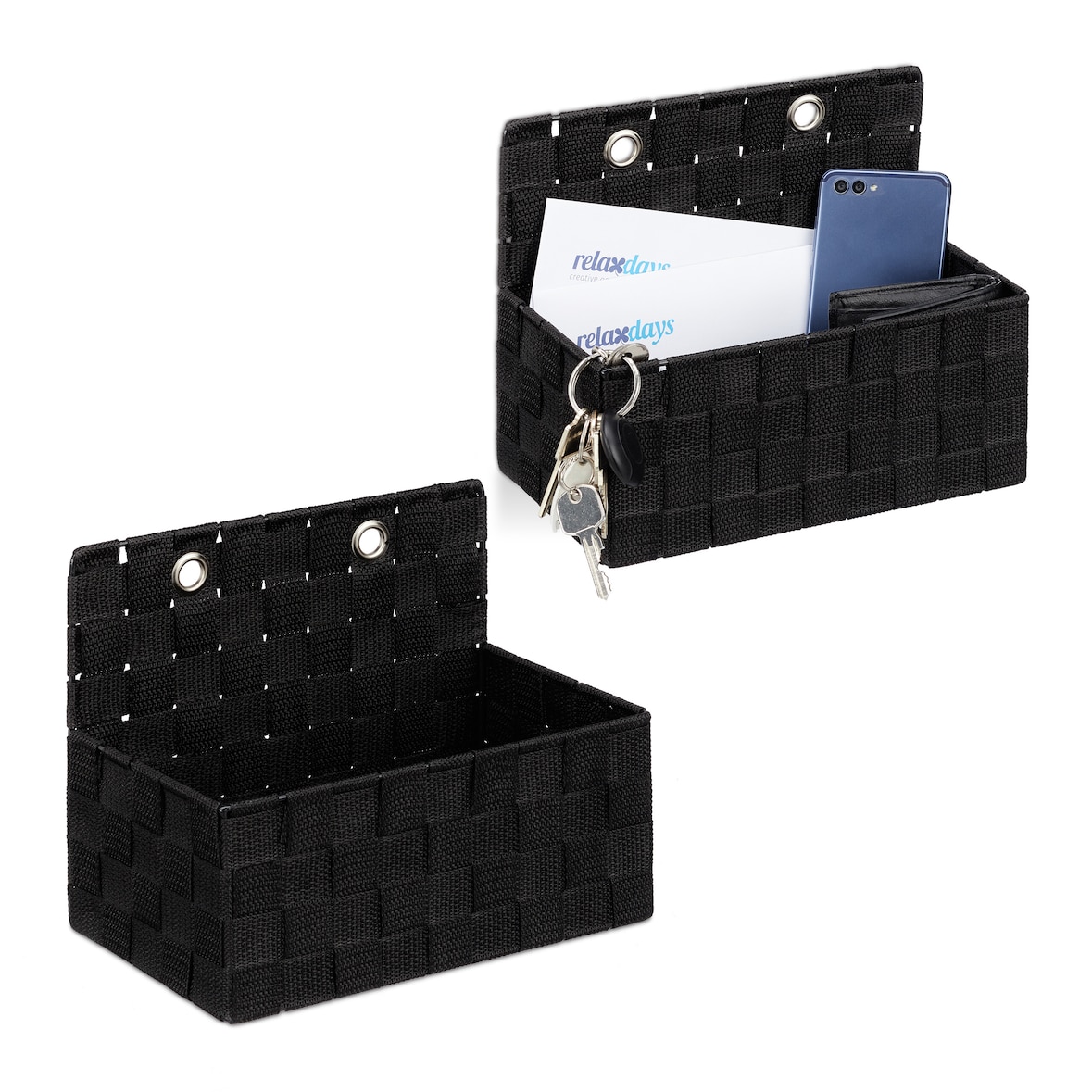 Relaxdays Aufbewahrungskorb hängend, 2er Set, Hängekorb Flechtoptik, Bad, Flur, Wandkorb HBT 20 x 25 x 16,5 cm, schwarz