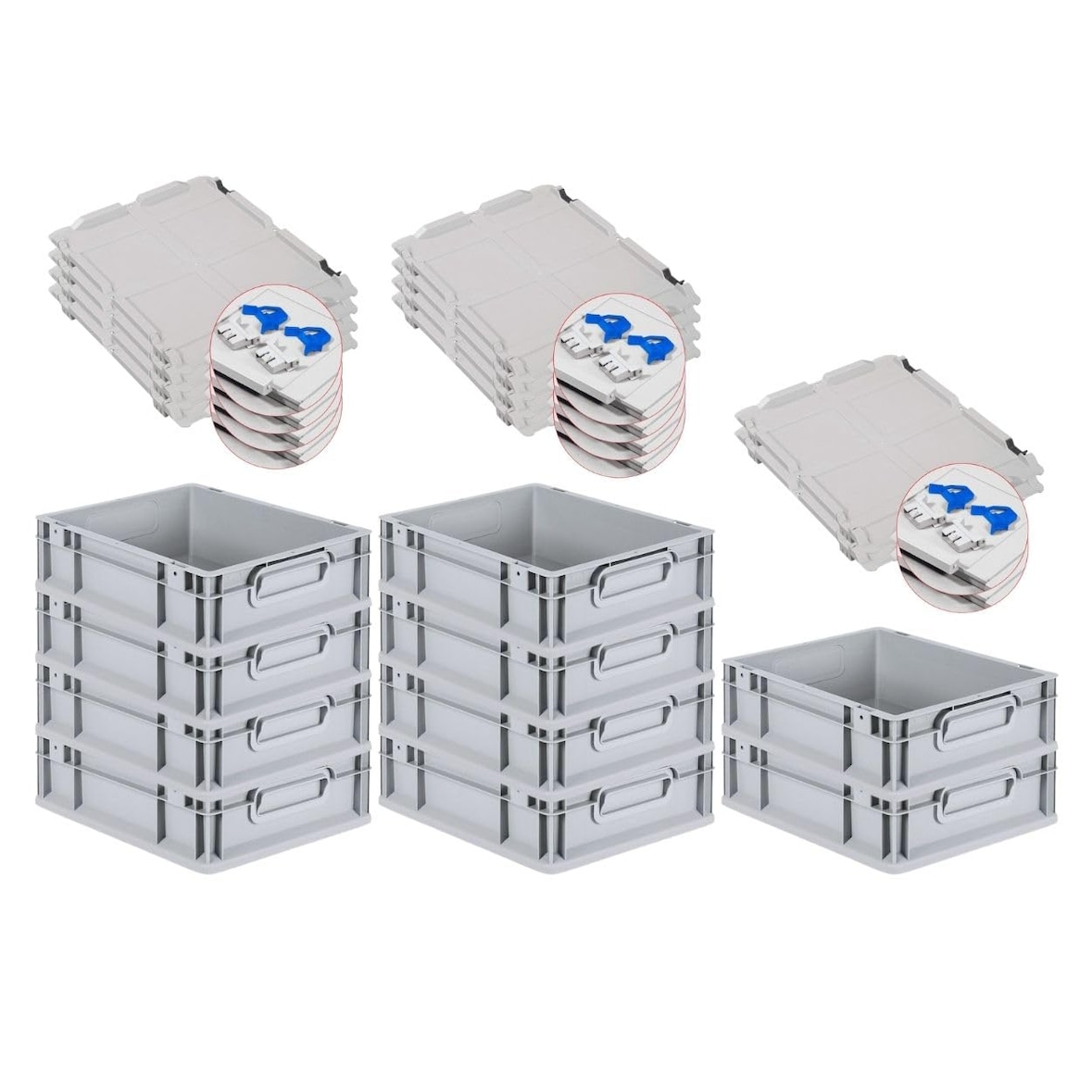PROREGAL SuperSparSet 10x Eurobox NextGen Economy mit Scharnierdeckel & blauen Verschlüssen, Griffe zu, HxBxT 12x30x40cm, 11L, Eurobehälter, Box