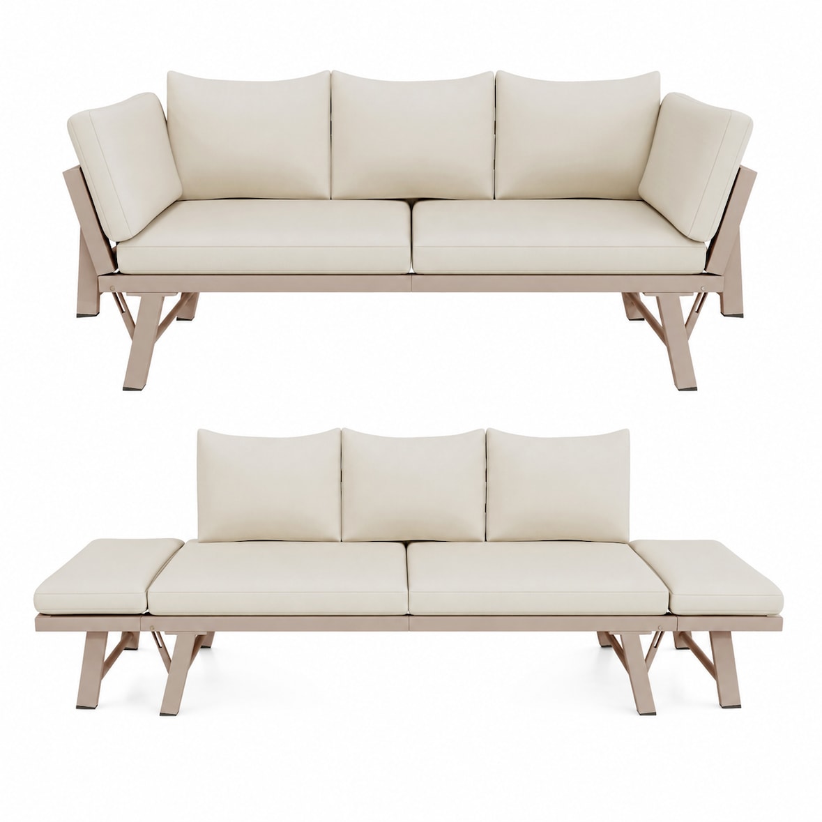 Merax Gartenmöbel Outdoor Lounge 3-Sitzer-Sofa, verzinkter Eisen, Sonnenliege mit klappbaren Armlehnen, Beige