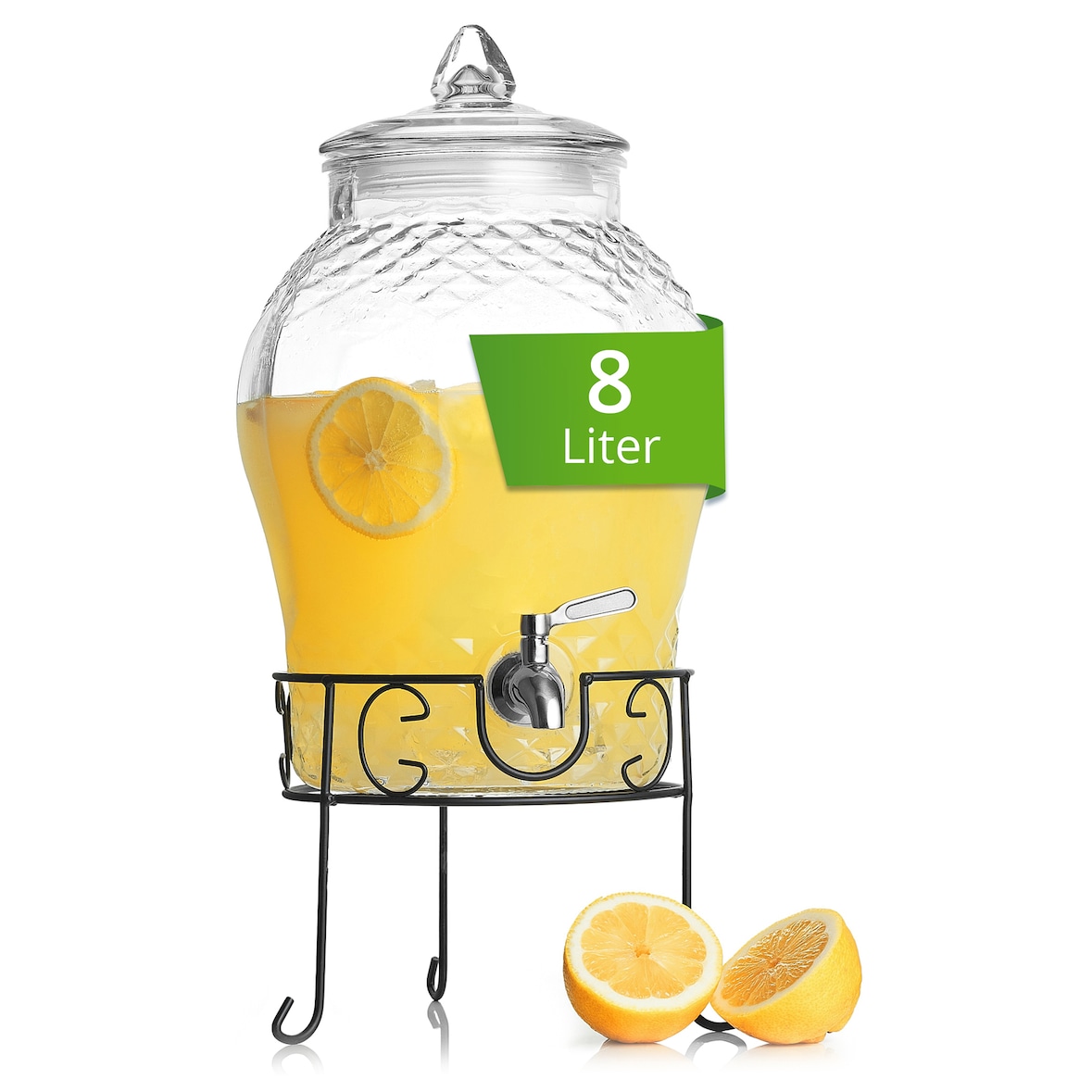 Getränkespender 8 L mit Zapfhahn + Ständer aus Glas Wasserspender Saftspender