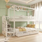 thumbnail of Etagenbett 90x200 aus Massivholz Hausform mit Sicherheitsleiter Stauraum Schubladen Sicherheitsgeländer Funktionsbett platzsparend Weiß