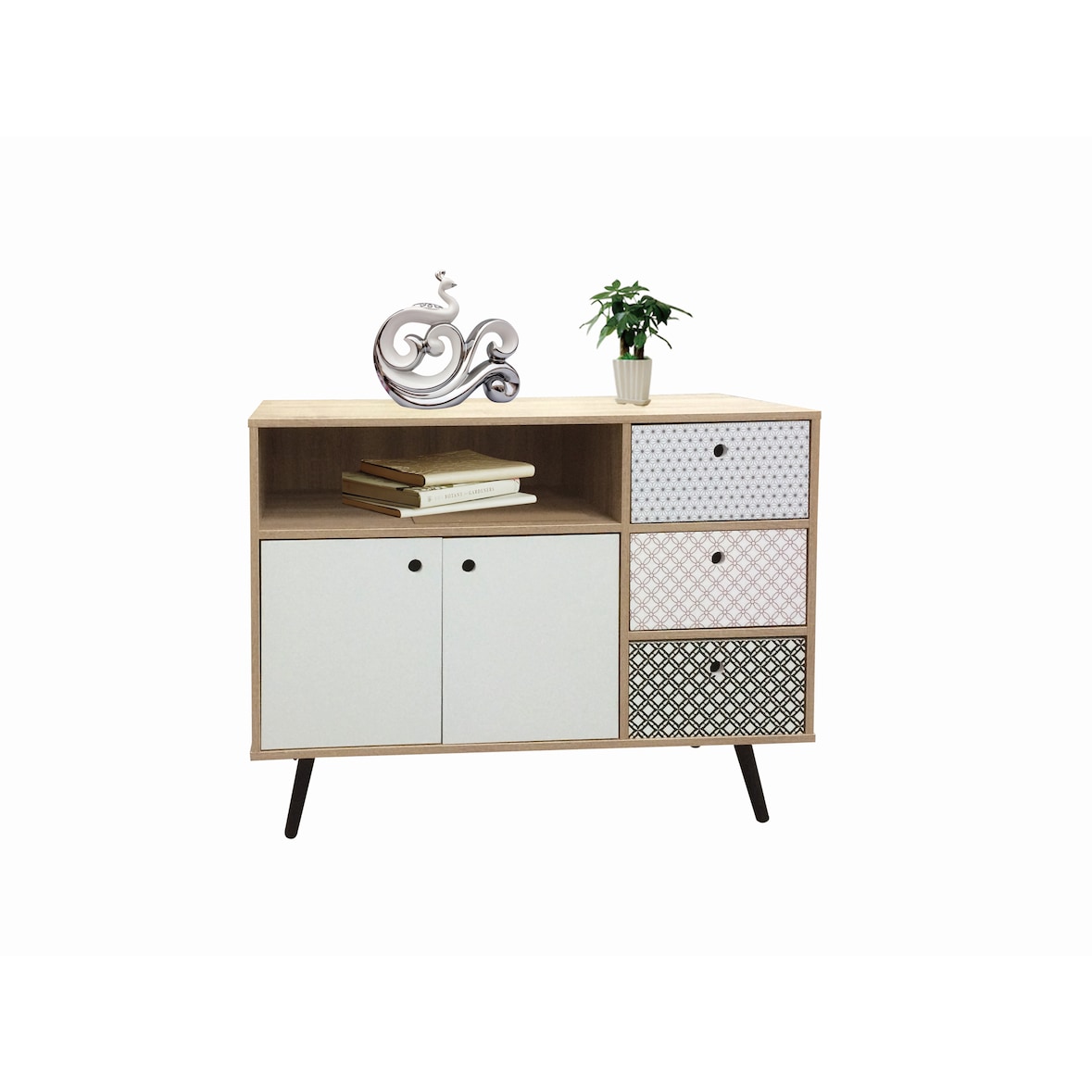 SIT Möbel Sideboard,  2 Türen, 3 Schubladen, 1 Fach,  MDF + Dekor,  white wash,  Front blau-weiß,  B 106,5 x T 39 x H 77 cm,  11703-95,   MAILBOX