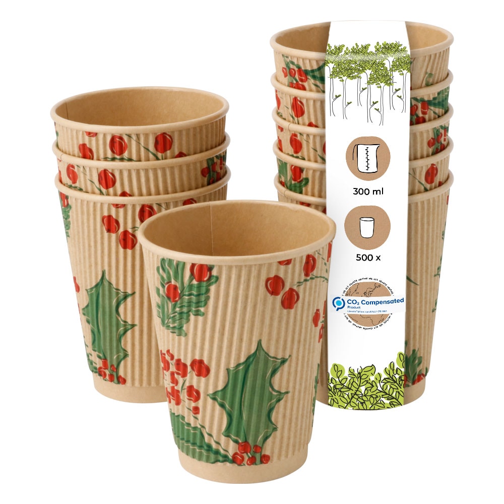 BIOZOYG 500 Stück Riffelbecher für Heißgetränke 300ml / 12oz Einwegbecher Pappbecher Zweige Winterbecher kompostierbar umweltfreundlich