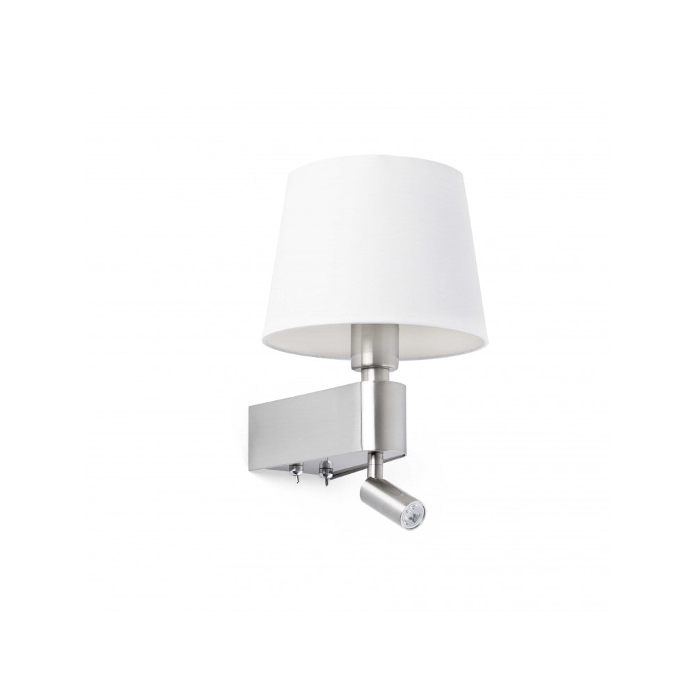 room led, applique in metallo satinato con paralume bianco, faro barcelona