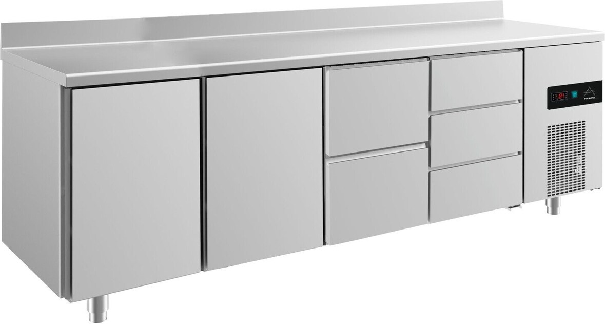 Gastro Kühltisch 2 Türen links&mittig 2/3 Schubladen mittig&rechts Umluftkühlung Aufkantung, 2330x700x850mm -2/+8°C 632l