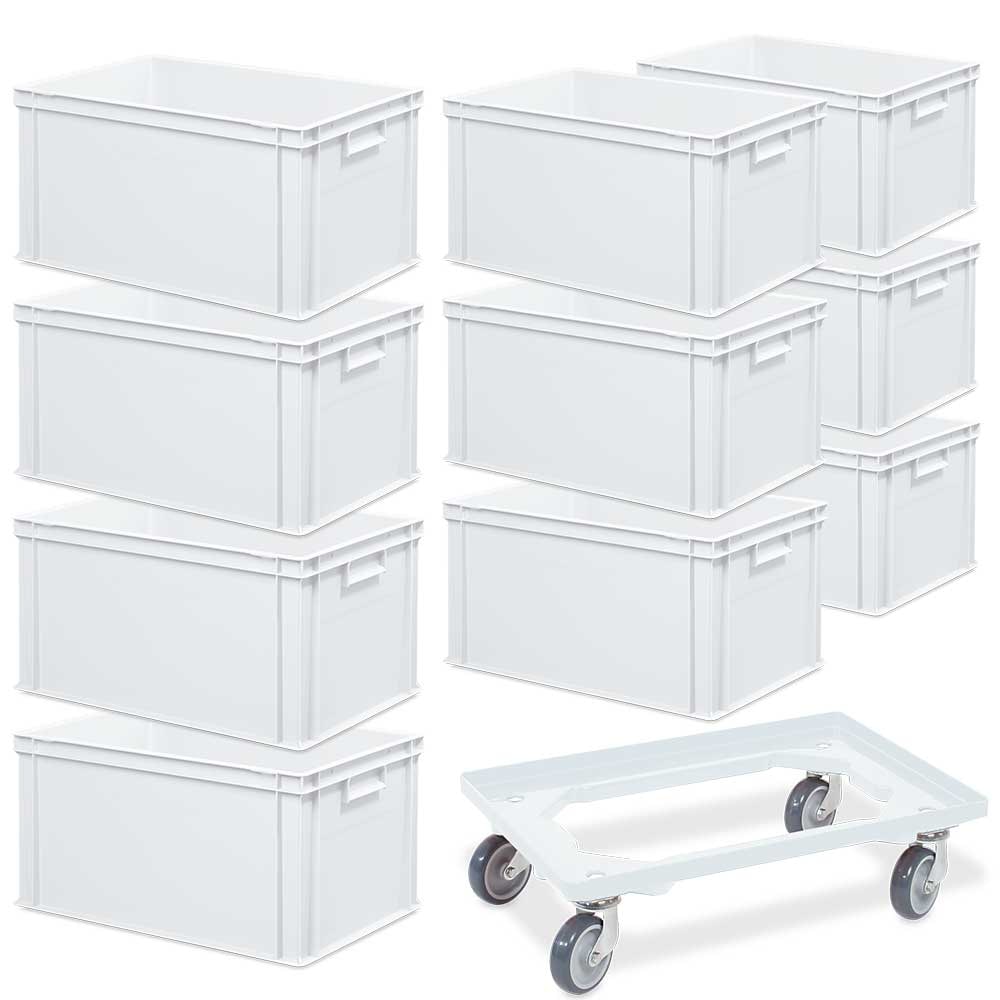 10 Euroboxen mit Griffleisten, LxBxH 600x400x320 mm, weiß + 1 Transportroller