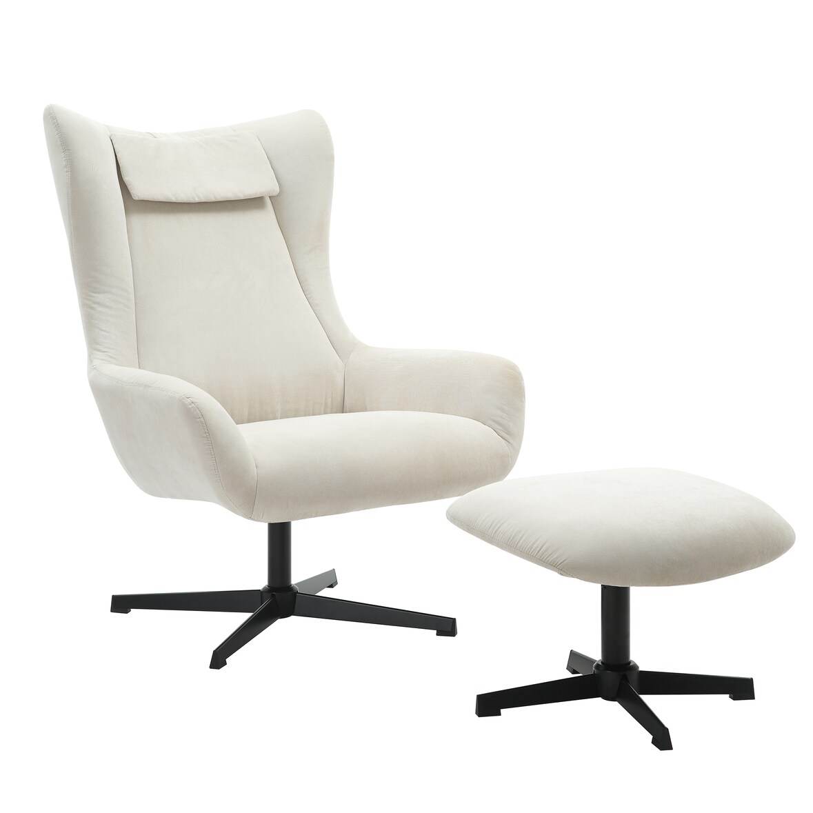 SalesFever Sessel und Hocker Set | mit Drehfunktion | Bezug Cord-Stoff | Beine Metall | B 82 x T 85 x H 106 cm | beige – schwarz