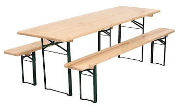 METRO PROFESSIONAL Conjunto de 3 peças de exterior, madeira de pinho/aço, 1 mesa 220 x 70 cm, 2 bancos 220 x 25 cm, castanho natural/verde