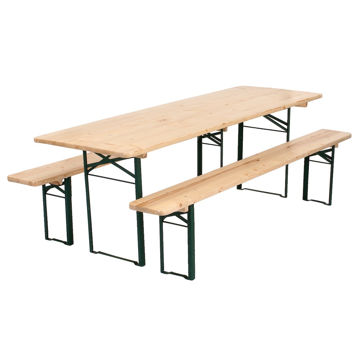 METRO PROFESSIONAL Conjunto de 3 peças de exterior, madeira de pinho/aço, 1 mesa 220 x 70 cm, 2 bancos 220 x 25 cm, castanho natural/verde