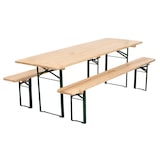 thumbnail of METRO PROFESSIONAL Conjunto de 3 peças de exterior, madeira de pinho/aço, 1 mesa 220 x 70 cm, 2 bancos 220 x 25 cm, castanho natural/verde