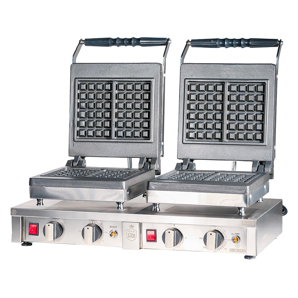 Romux® Gaufrier Électrique Professionnel Double de Table en Acier Inox 61x33 cm | Plaques de Cuisson en fonte en Fonte - 8 Gaufres Carrées - 4000 W