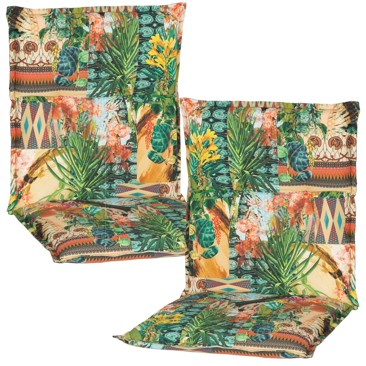 NYVI Niedriglehner Auflagen Piemont - Polsterauflage mit Halteband & Bindebändern Größe:2x Niedriglehnerauflage,Dessin:Dschungel Print BE743