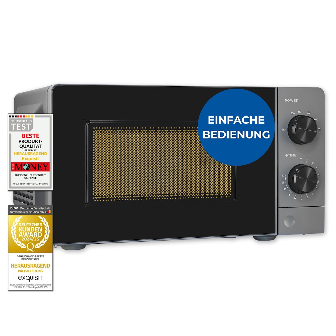 Exquisit Mikrowelle 20L, 700 Watt, 24,5cm Drehteller, 5 Leistungsstufen, Timer, Auftaufunktion, 2 Drehregler, MW850-070 grau