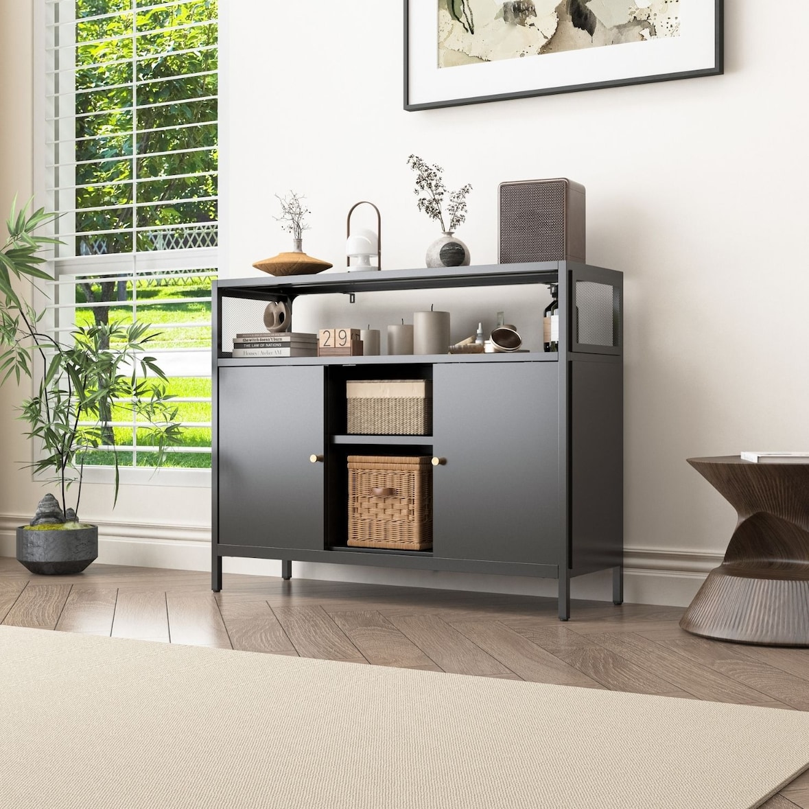 Sideboard Mesh Schwarz aus Metall mit 2 Schiebetüren
