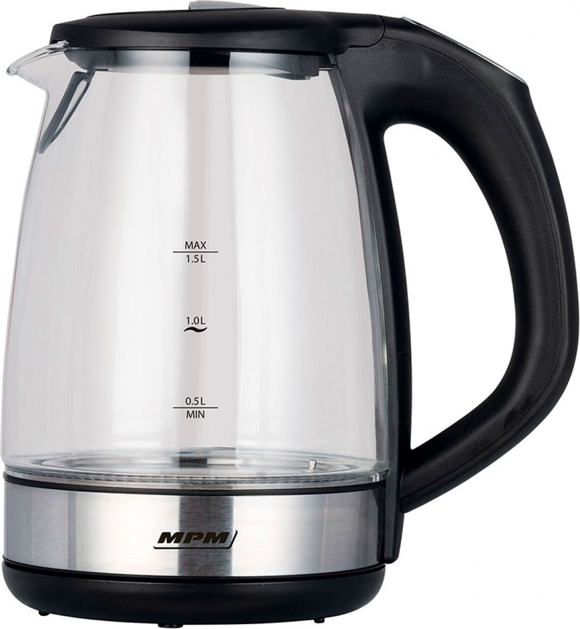 MPM MCZ-100 Hervidor Agua Eléctrico 1,5L, Jarra Cristal, Control Temperatura, Resistencia Oculta, Base 360º, Transparente, 2200W