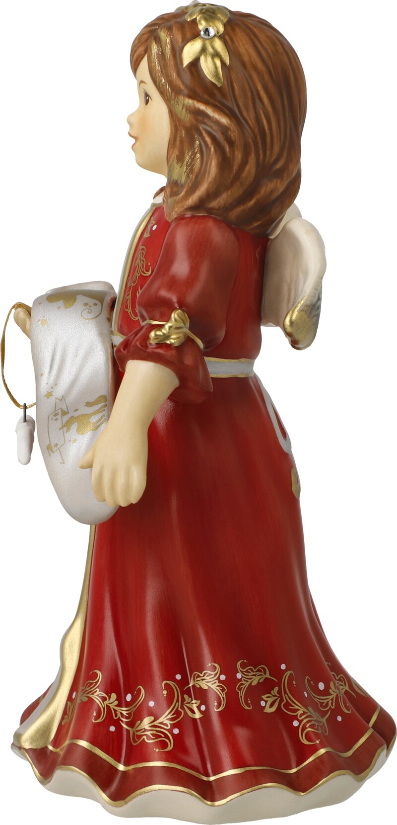 Eine Engelsfigur in einem roten Kleid mit goldenen Verzierungen.