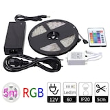 thumbnail of Kit de fita de LED RGB, bobina de 5 m, IP20, para uso interno, SMD5050, inclui controle remoto e transformador. Potência: 14,4 W/m. Base adesiva 3M.