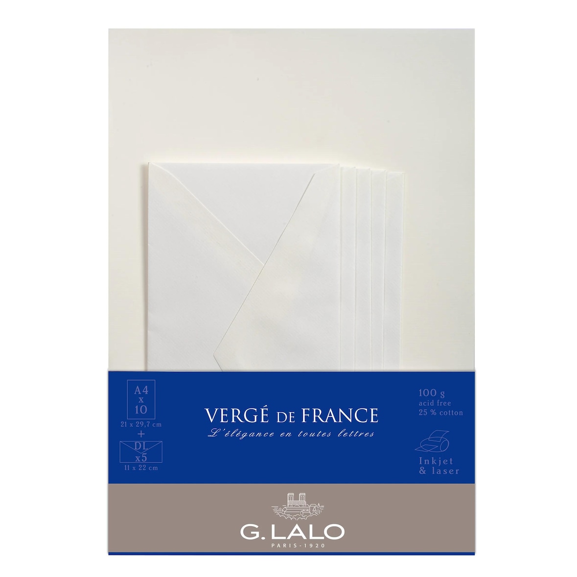 G.Lalo 5x Lalo, Korrespondenzset, 10 Blatt A4 und 5 Umschläge DL, Vergé de France - Weiß 62700L