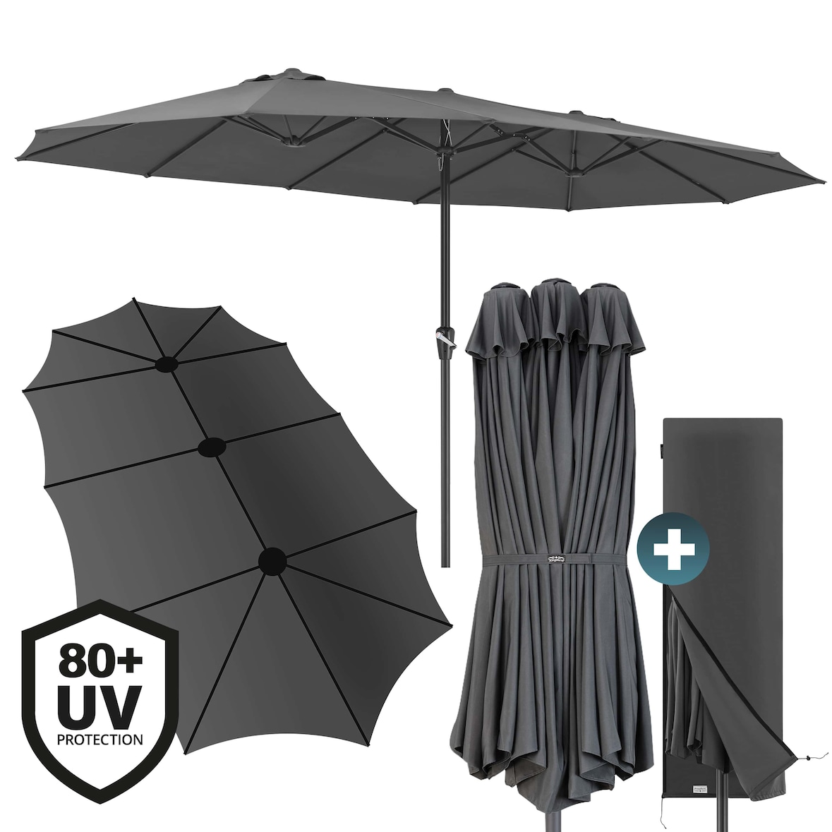 Kingsleeve Doppelsonnenschirm XXL 4,6m UV Schutz 80+ Schutzhülle Doppelschirm Sonnenschirm Anthrazit