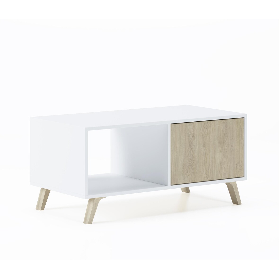 Mesa de café com portas, sala de estar, modelo WIND, cor da estrutura Branco, cor da porta Carvalho, mede 92x50x45cm de altura. _ MESAWINDBLAPUCC