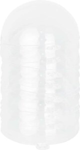 Ein durchsichtiger Plastikbehälter mit gerippter Textur.