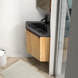 thumbnail of Wandhalterung Badezimmer-Waschtisch 52×38×38 cm dreieckig mit mattschwarzem Harzbecken und Holzschrank Natur