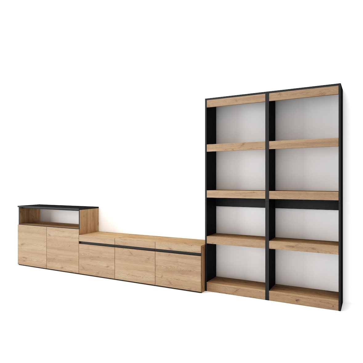Wohnzimmer-TV-Schrank, Wohnzimmer-Wandsystem, 370x186x35cm, Für TV bis 65“, Möbelset, Moderner Stil, Eiche und Schwarz - 111_1265