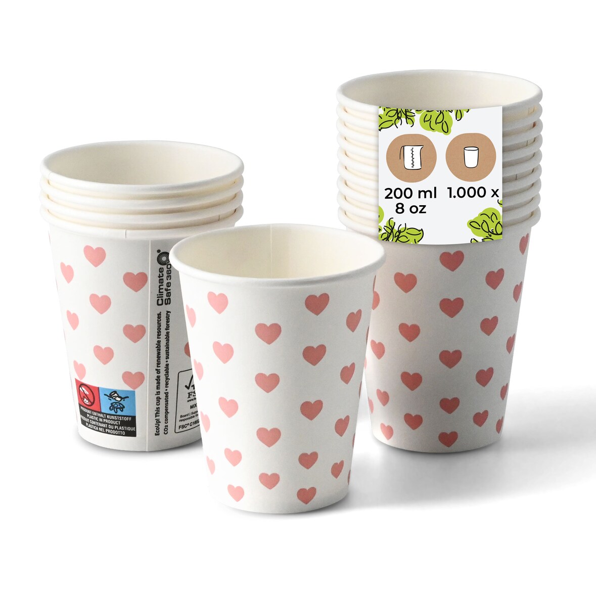 BIOZOYG Pappbecher bedruckt Herzen 1000 Stück 200 ml / 8 oz, Ø 80 mm, weiß - Kaffeebecher to go - Pappe beschichtet mit PE - Trinkbecher/Einweg