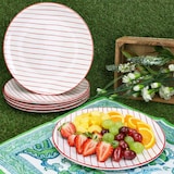 thumbnail of 6er Set Speiseteller rot gestreift Steingut Ø25,2cm weiß Essteller groß Grillen