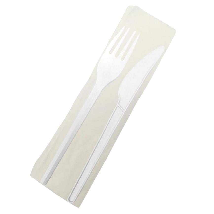 250x Bestecksets Mehrweg Messer Gabel Serviette weiß