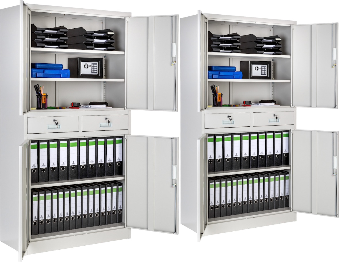 tectake 2 armarios archivadores con cierre de seguridad, 5 alturas + 2 cajones 180x90x40cm  Gris