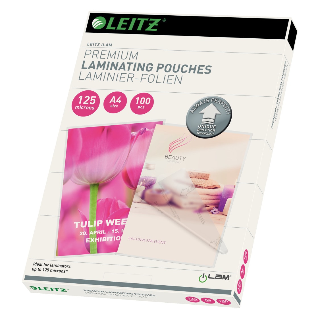 Leitz Heißlaminierfolien A4 125 mic, Premium-Laminierfolien im 100er Pack, Glänzend, Transparent, Vereinfachtes Einlegen durch UDT, iLAM, 74810000