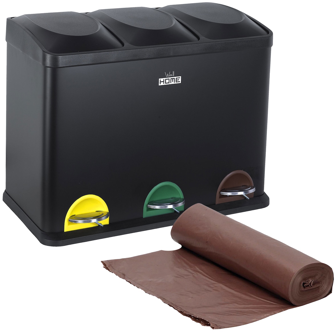 Wellhome - Ökologischer Recyclingbehälter 45 Liter mit 3 Fächern, Farbe Schwarz - 20 Müllbeutel 20L - 58,5x40x46cm