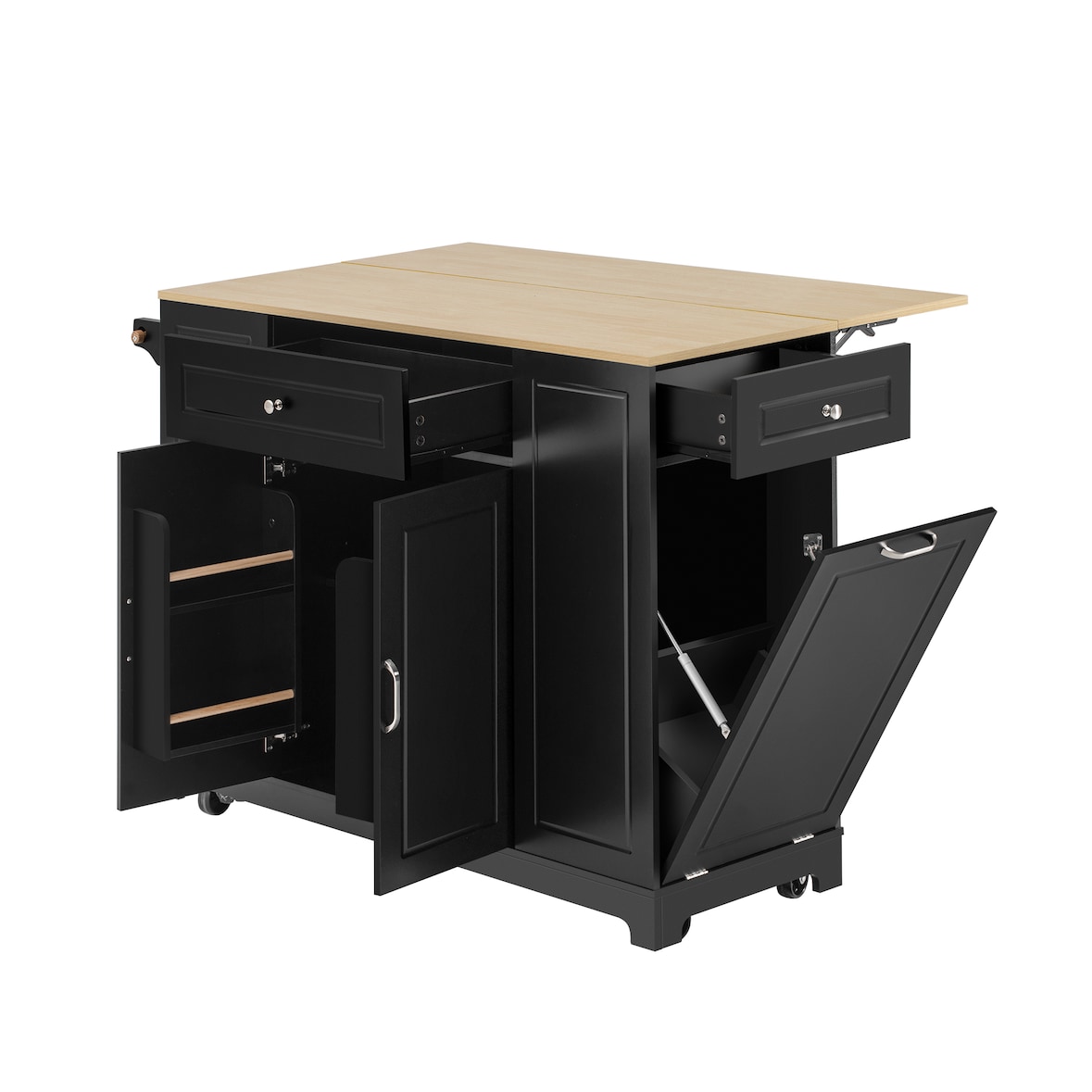 Kücheninsel auf Rollen 132x70x93 cm mit ausklappbarer Arbeitsplatte, Abfallbehälterfach, Steckdosen sowie USB und Type-C, Schwarz+Natur