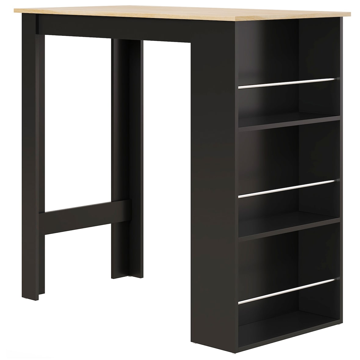 HOMCOM mesa alta de bar, mesa de cocina con 3 estantes laterales, marco de madera, estilo moderno, para comedor, salón, 112x57x106 cm, negro y natural