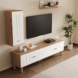thumbnail of Wohnwand 3-teilig TV Lowboard Vitrine Wandboard Weiß+Naturholz 48x170x40 cm mit geschnitzten Türpaneelen flexiblem Kombi Design und viel Stauraum